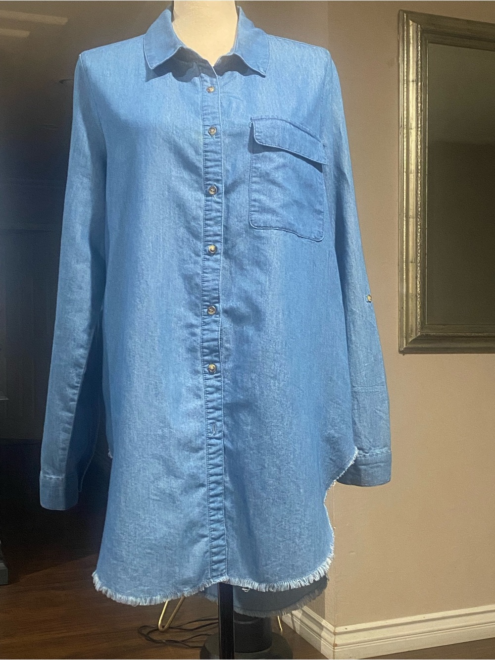Cavalini light blue button down shirt dress.